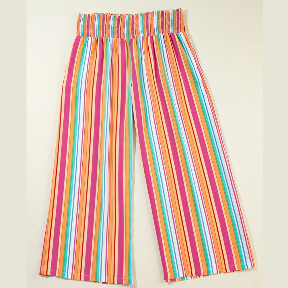 Womens Pants 2x 3x Rainbow Vertical Stripe Smocked Waist Flowy Wide Leg Pants